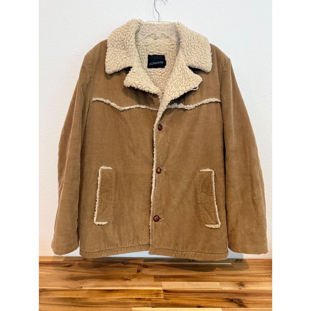 Vintage 70s JCPenney Corduroy Sherpa Jacket Mens L Western Ranch Coat Brown